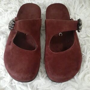 VIONIC Joan Mary Jane Mules Women's 6M Burgundy Wine Suede Comfort Flat Beaded‎